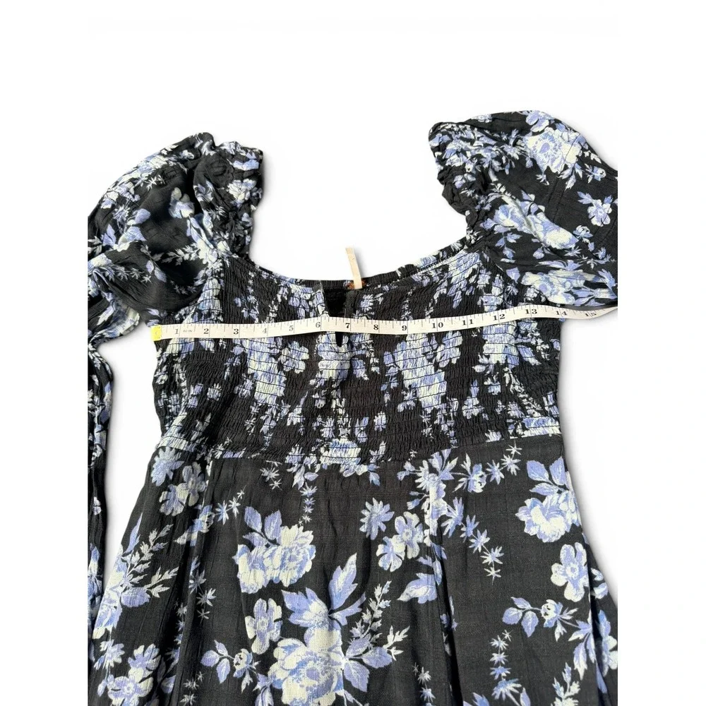 Free People Floral Maxi Dress Blue Black Small Smocked Long Sleeve Square Neck‎